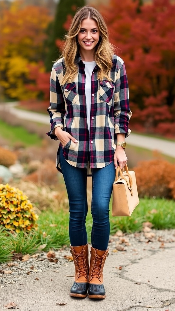 Stylish Duck Boots Outfit Ideas A fashionable outfit with duck boots, flannel shirt, and jeans in a fall setting.